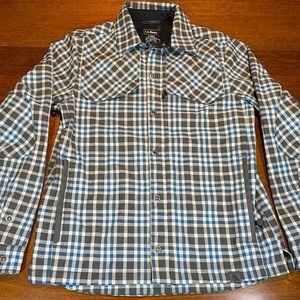 small Mens L.L. Bean Lattice Button Outdoor Softshelf Plaid Jacket.  Blue